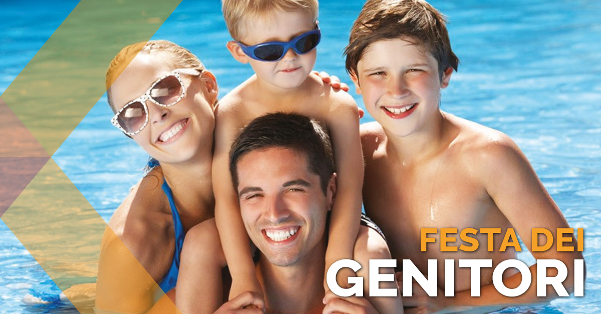 famiglia in piscina, nuoto e fitness con figli e genitori